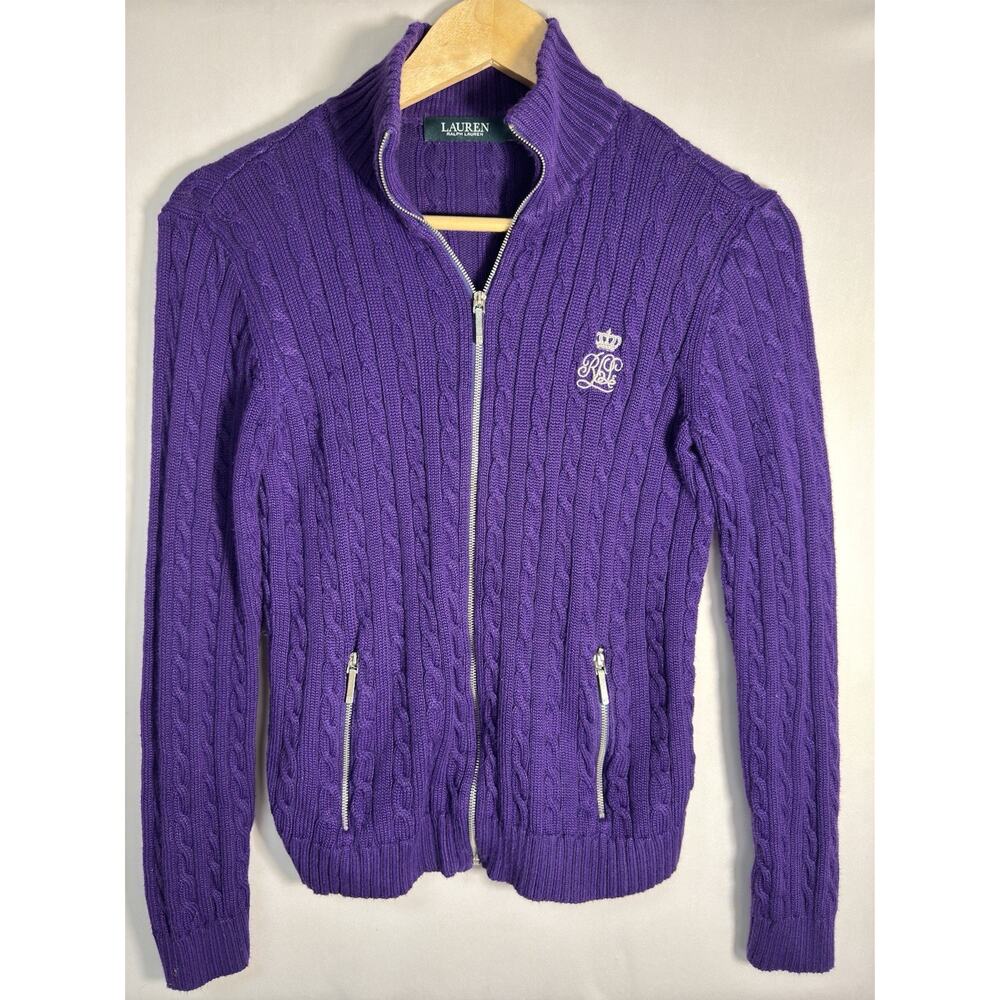 Lauren Ralph Lauren Purple Cable Knit Full Zip Sweater Jacket‎ Womens Small